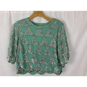 What Comes Around Goes Around Sequin Silk Scallop Pull Over Top Women's Small.